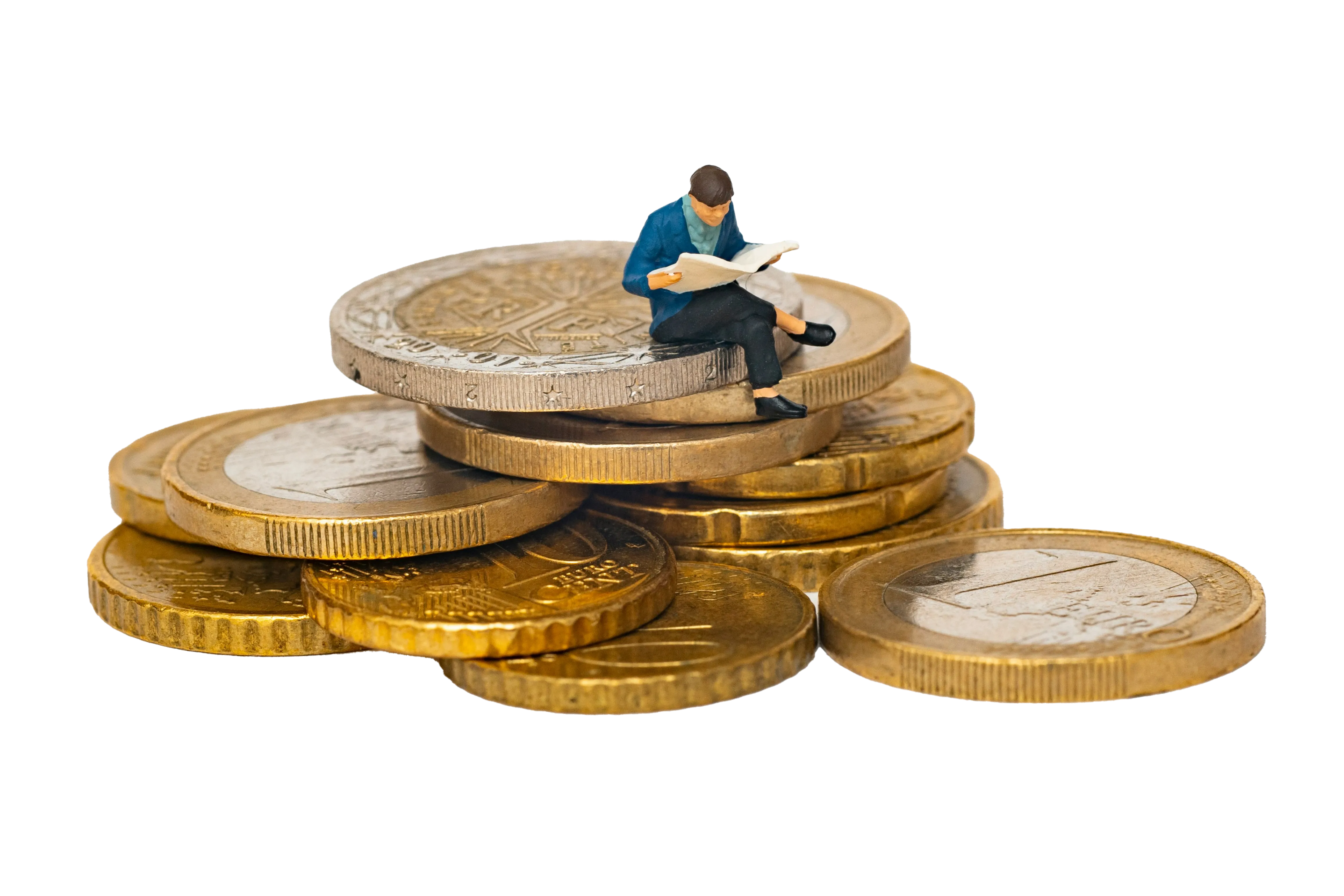 Foto de Mathieu Stern en Unsplash Monedas apiladas con un mini muñeco encima